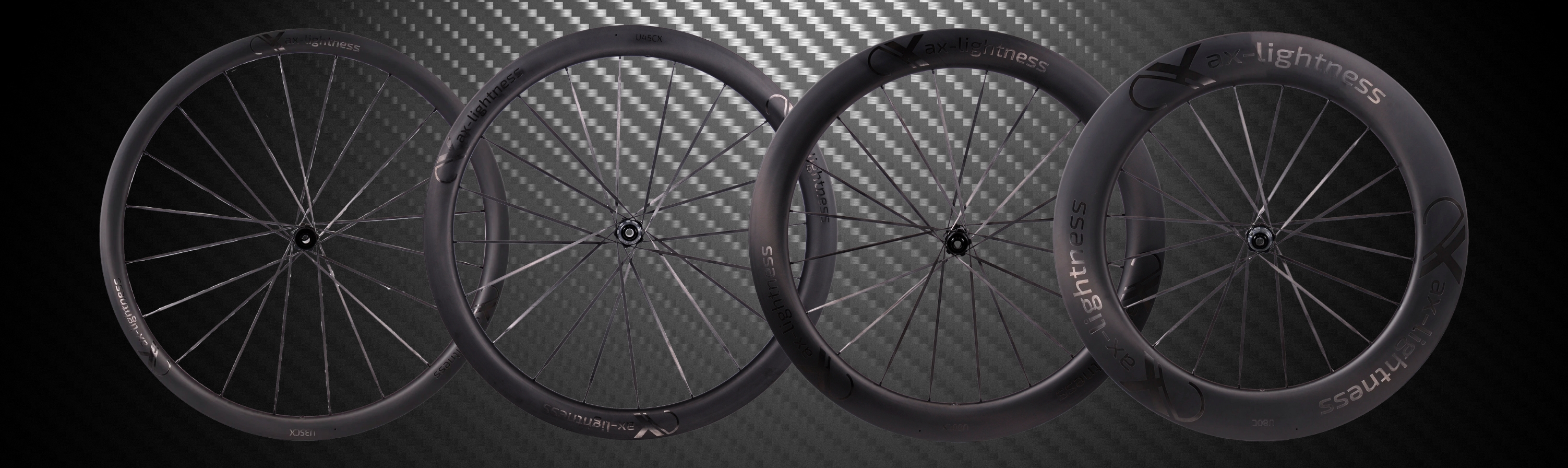 Laufräder von ax-lightness in verschiedenen Felgenhöhen nebeneinander angeordnet